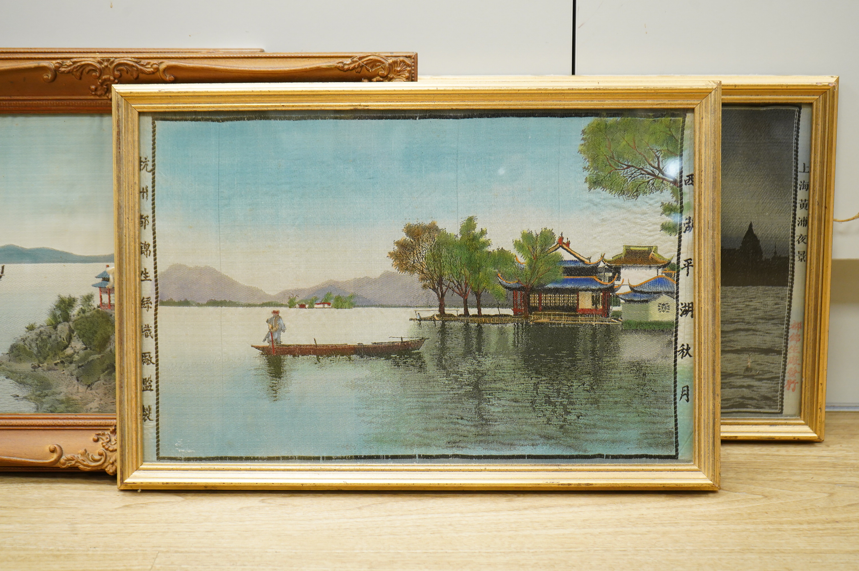 Four Chinese machine woven landscapes, framed, 24 x 39cm